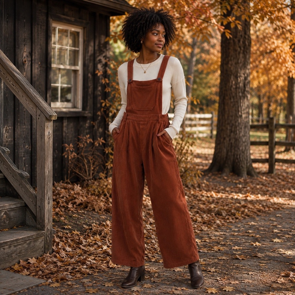 Cider Women's Corduroy Rust Brown Wide Leg Overalls Fall Earthy Granola Boho M